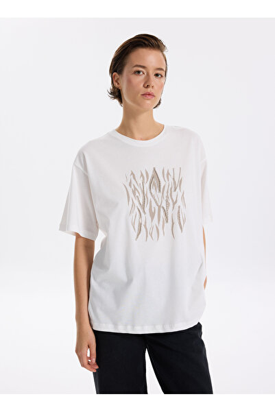 Fabrika Bisiklet Yaka Taşlı Beyaz Kadın T-Shirt F5WL-TST0338