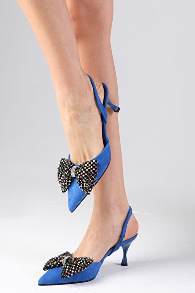 Mio Gusto Melody Saks Blue Color Suede Bow Accessory Open Back Women's Heeled Party Shoes