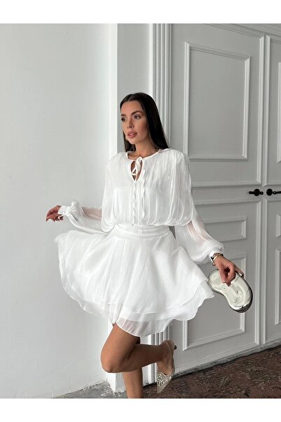 Diemmood Vatkalı Jakarlı Tül Mini Elbise