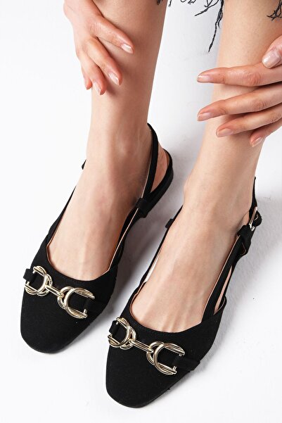 Mio Gusto Delphine Black Color Linen Fabric Open Back Women's Flat Ballerina Shoes