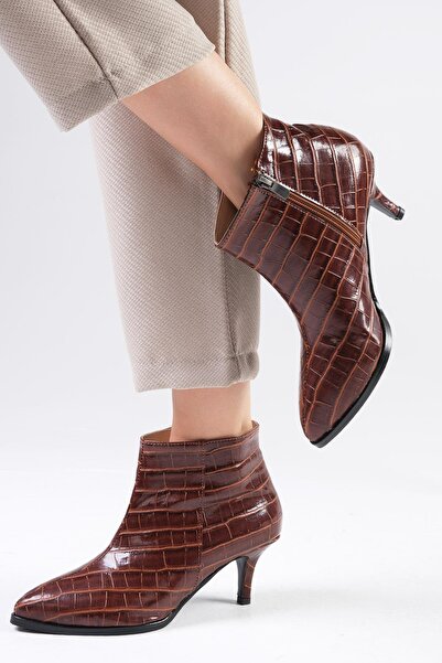 Mio Gusto Vanessa Taba Renk Krokodil Desenli İnce Kürk Astarlı Fermuarlı Kadın Topuklu Bot