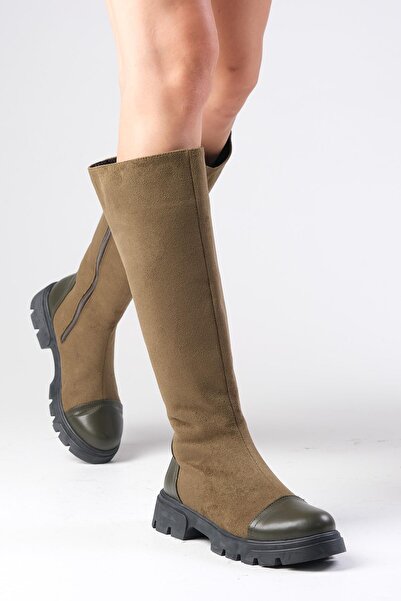 Mio Gusto Γυναικείες μπότες με χοντρή σόλα με φερμουάρ σε πράσινο χρώμα