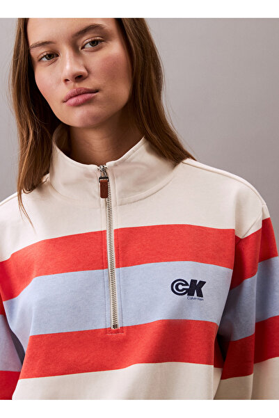 Calvin Klein Jeans Dik Yaka Çizgili Beyaz Kadın Sweatshırt LV047C229GXEM