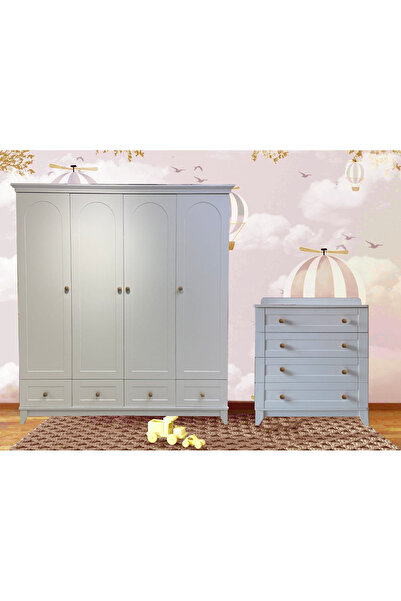 Koza %100 MDF Oslo Düz Desen 4 Kapılı Bebek&Çocuk Gardırop & Oslo Düz Desen Bebek&Çocuk Şifonyer