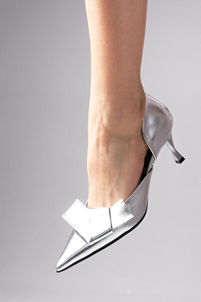 Mio Gusto Alexa Metallic Silver Color Pointed Toe Bow Accessory Women's Heeled Party and Evening Shoes