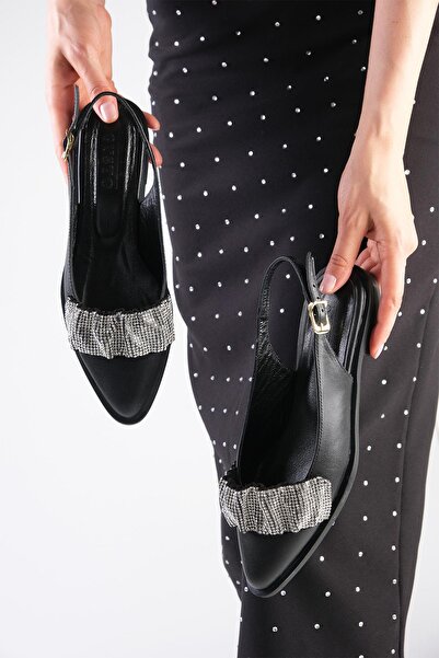 Mio Gusto Aisha Echtes Leder Schwarz Farbe Kordelzug Stein Banded Damen Flats Täglich Flache Schuhe