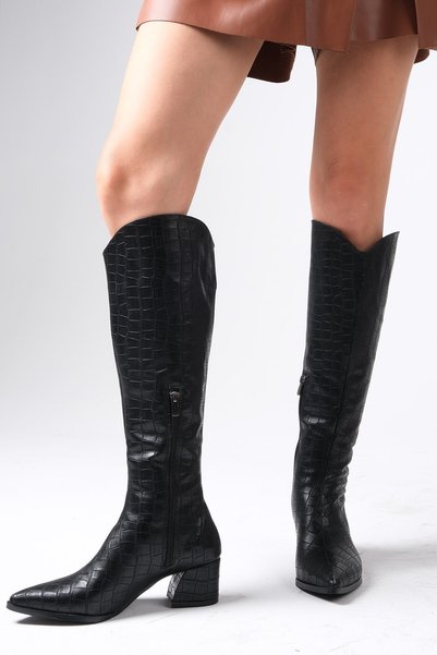 Mio Gusto Siena Black Color Crocodile Patterned Side Half-Zipper Thin Fur Lined Women's Heeled Shoes