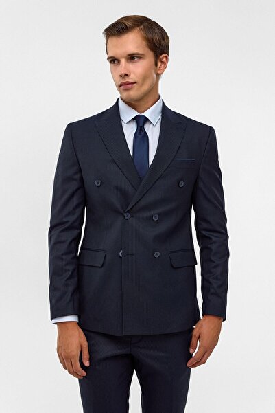 SÜVARİ Lacivert Slim Fit Desenli Sivri Yaka 6 Drop Klasik Takım Elbise