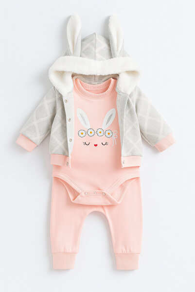 Kız Bebek Kapüşonlu Tavşan Kulaklı Çizgili Tavşan Baskılı 3 Parça Zıbınlı Şirin Kız Takım Somon