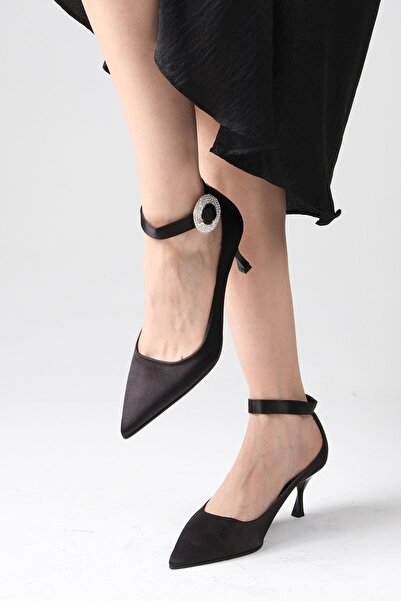 Mio Gusto Felicia Black Color Satin Fabric Stoned Buckle Women's Evening Dress Heeled Shoes