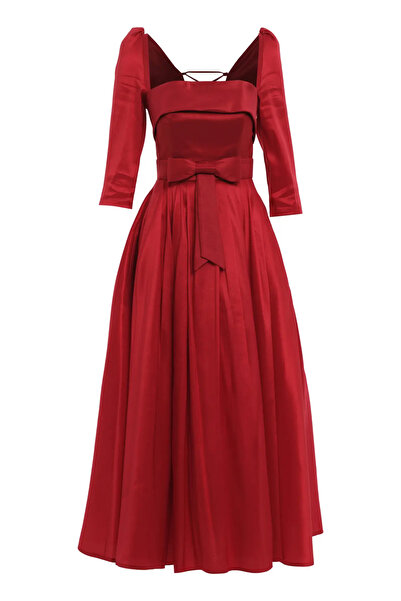 Keikei Kırmızı tafta uzun kol uzun elbise