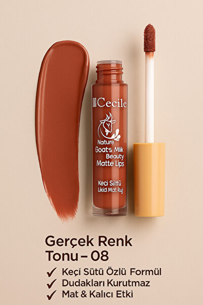 Cecile Keçi Sütlü Likit Mat Ruj – 08 Kalıcı, Nemlendirici ve Yoğun Renkli Dudak Makyajı