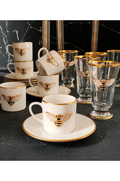 REGNA HOME Fine Living Regna Home Queen Bee 18 Piece 6 Person Porcelain Coffee Cup Set with Gilded Goblets
