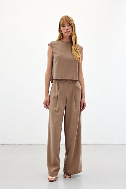 Sateen Wide Leg Trousers - Mink
