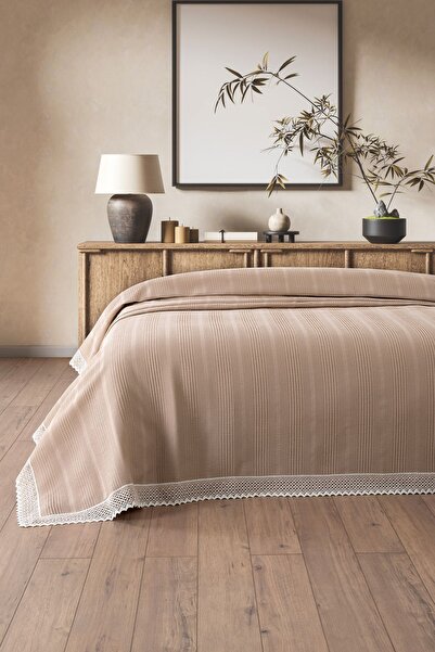 Sevim 100% Cotton Double Bed Kopanaki Lace Waffle Blanket - 210x230 cm - Cappuccino Honeycomb Blanket