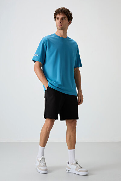 AIR JONES Ανδρικό μπλουζάκι βενζινοκίνητο μπλε βαμβακερό με χοντρή επιφάνεια με υφή Oversize Fit Printed T-shirt - 88369