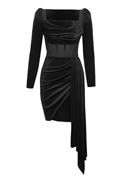 Keikei Siyah kadife uzun kol kısa elbise