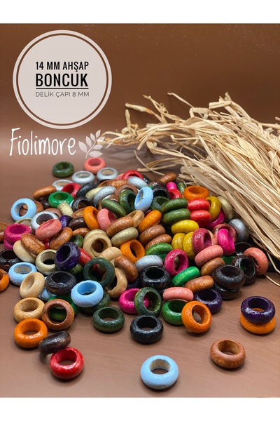 Fiolimore 14 Mm Karışık Renkli Ahşap Boncuk Yassı Yüzük Tahta (25 GRAM 80 ADE...