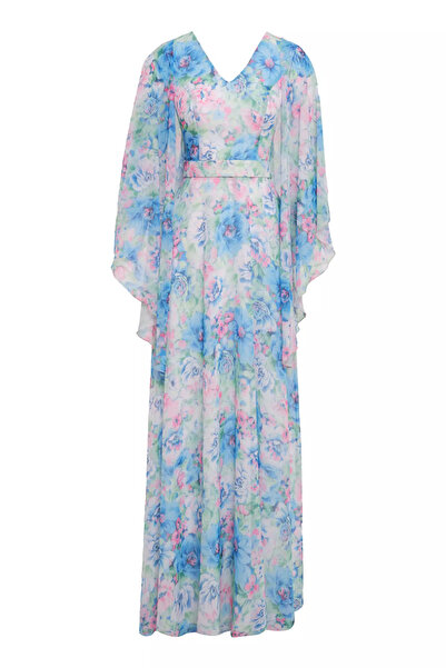 Keikei Desenli sifon kolsuz uzun elbise