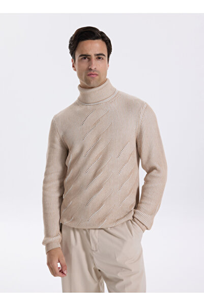 Fabrika Tam Balıkçı Yaka Slim Fit Jakarlı Vizon Erkek Kazak F5WM-KZK 2296