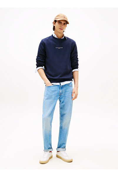 Tommy Hilfiger Bisiklet Yaka Mavi Erkek Sweatshırt MW0MW37471DW5_SMALL TOMMY LOGO CREW