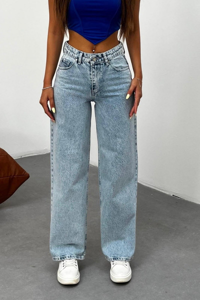 BİKELİFE Women's Light Blue Snow Wash High Waist Lycra Stretchy Wide Leg Jeans