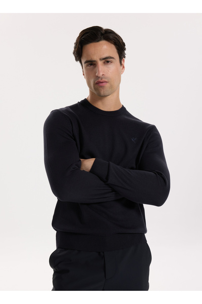 Fabrika Bisiklet Yaka Basic Düz Lacivert Erkek Kazak F5WM-KZK 2556