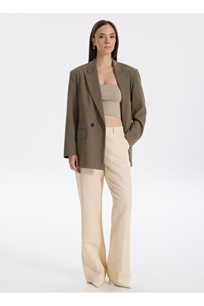 Sisley Women's Champagne Linen Blended Regular Waist Straight Fit Trousers