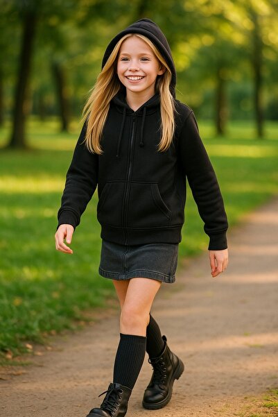 Cloise Children's 3-string Non-Ribbon Hooded Black Cardigan with Pockets