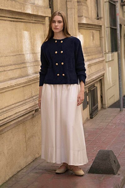 Hooopstore Navy Blue Feather Cardigan - Gold Button Detail