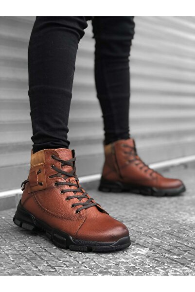 BOA BA0184 Inside and Outside Genuine Leather Tan Men's Zippered Ankle Boots