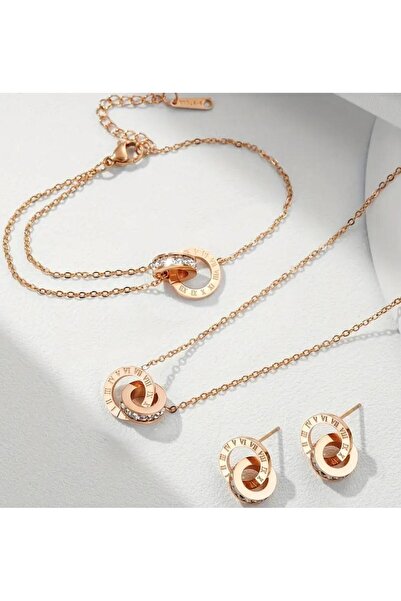 stainless steell Aksesuar Taşlı Roma Rakam Konseptli, 3'lü Çelik Kadın Set