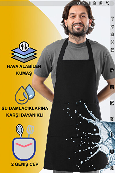TOSHE Mutfak Önlüğü Suya Dayanıklı Mutfak Önlük Şef Önlüğü 2 Geniş Cepli Barista Önlüğü Önlük Siyah