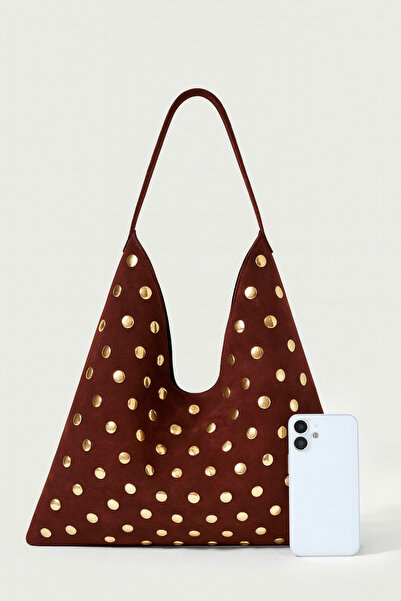 ESTUTE Lüks Suet Deri Gold Taşlı İkonik Üçgen Omuz Çantası