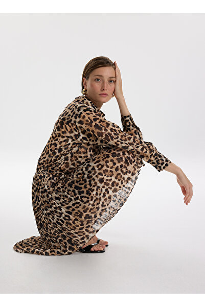 Fabrika Loose Fit Gömlek Yaka Desenli Bej - Siyah Kadın Gömlek F5WL-GML0360