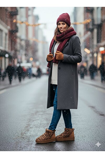 Bermody Tiana Kadın 4 cm Leopar Dayanıklı Taban Konforlu İçi Kürklü Sıcak Tutan Ug Model Bot Bootie