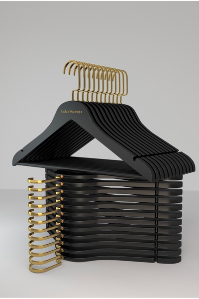 askı sarayı Siyah Ahşap Kıyafet Ve Elbise Askısı Özel Gold Amerikan Kanca 12 ...