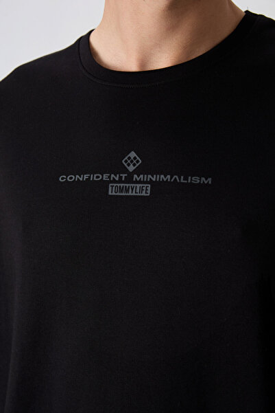 TOMMY LIFE Μαύρο - Ανθρακί βαμβακερό, χοντρό, μαλακό, υφή, oversize, εμπριμέ ανδρικό μπλουζάκι - 88321