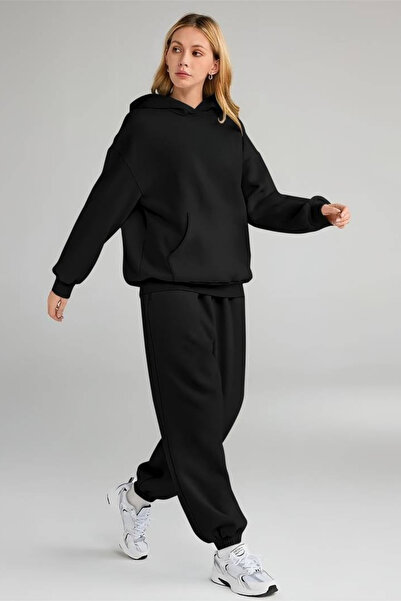 LUMİZA Γυναικείο Σετ Φούτερ Μαύρο Oversize με κουκούλα και φλις εσωτερικά