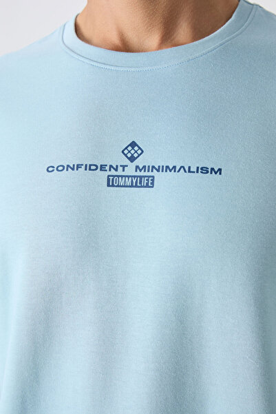 TOMMY LIFE Світло-блакитна бавовняна товста м'яка тканина Oversize Fit з принтом Чоловіча футболка - 88321