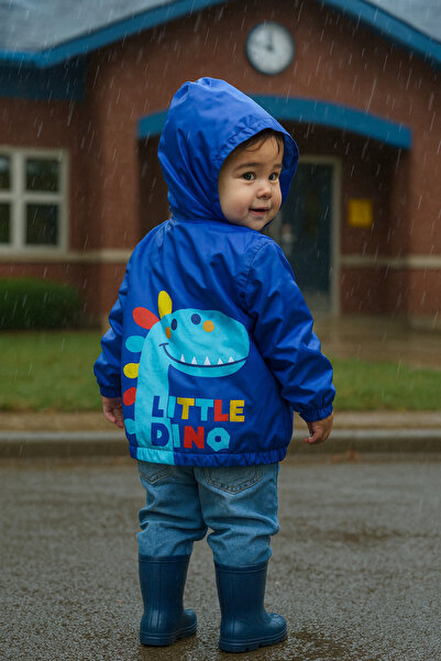 Mika Bebek & Çocuk Dinosaur Patterned Hooded Blue Boy's Raincoat