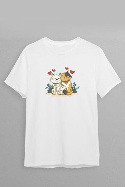 Justime Design Love Cats Front Print Oversize Cotton Crew Neck Unisex T-Shirt