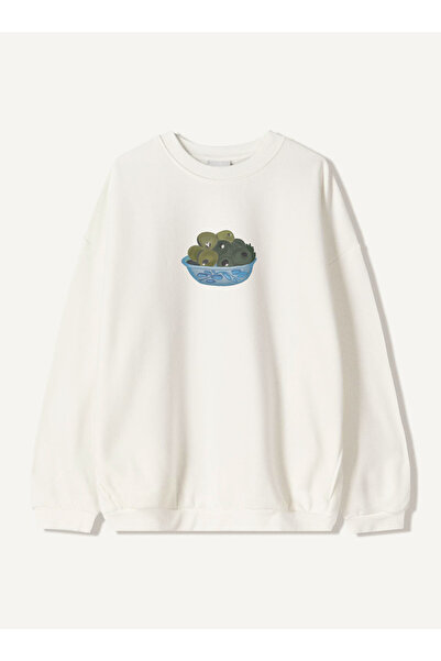 Disante Hanorac unisex oversize cu imprimeu olive – decolteu crew, fleece cu ...