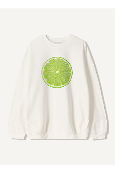 Disante Hanorac unisex oversize cu imprimeu lime – decolteu crew, fleece cu 3 fire