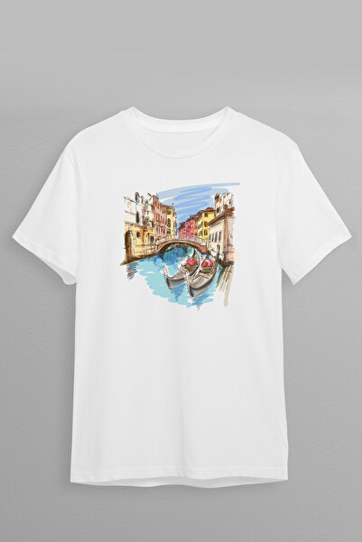 Justime تي شيرت بتصميم فينيسيا مطبوع من الأمام من القطن ذو رقبة دائرية للجنسين