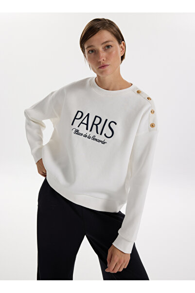 Fabrika Bisiklet Yaka Nakışlı Beyaz Kadın Sweatshırt F5WL-SWT0226