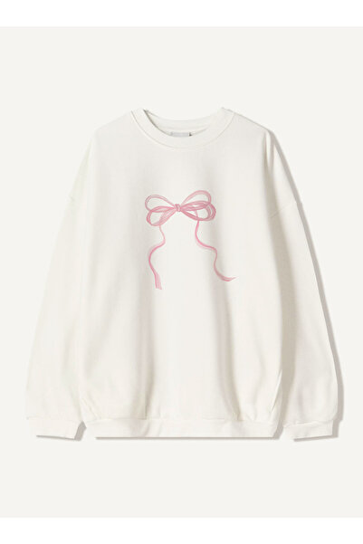 Disante سويت شيرت للجنسين بمقاس كبير مطبوع بشريط رفيع - ياقة دائرية، صوف بثلا...