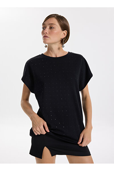 Fabrika Bisiklet Yaka Taşlı Siyah Kadın T-Shirt F5WL-TST0247