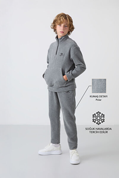 TOMMY LIFE Gri Melanj Kalın Yumuşak Dokulu Standart Fit Nakışlı Polar Erkek Çocuk Eşofman Takım - 11218