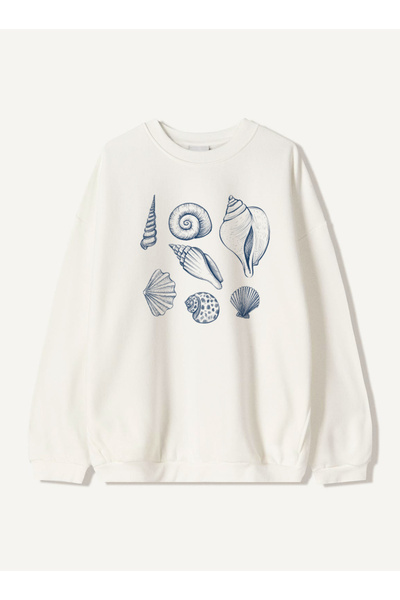 Disante Hanorac unisex oversize cu imprimeu Sea Shell – Gât cu gât rotund, fl...